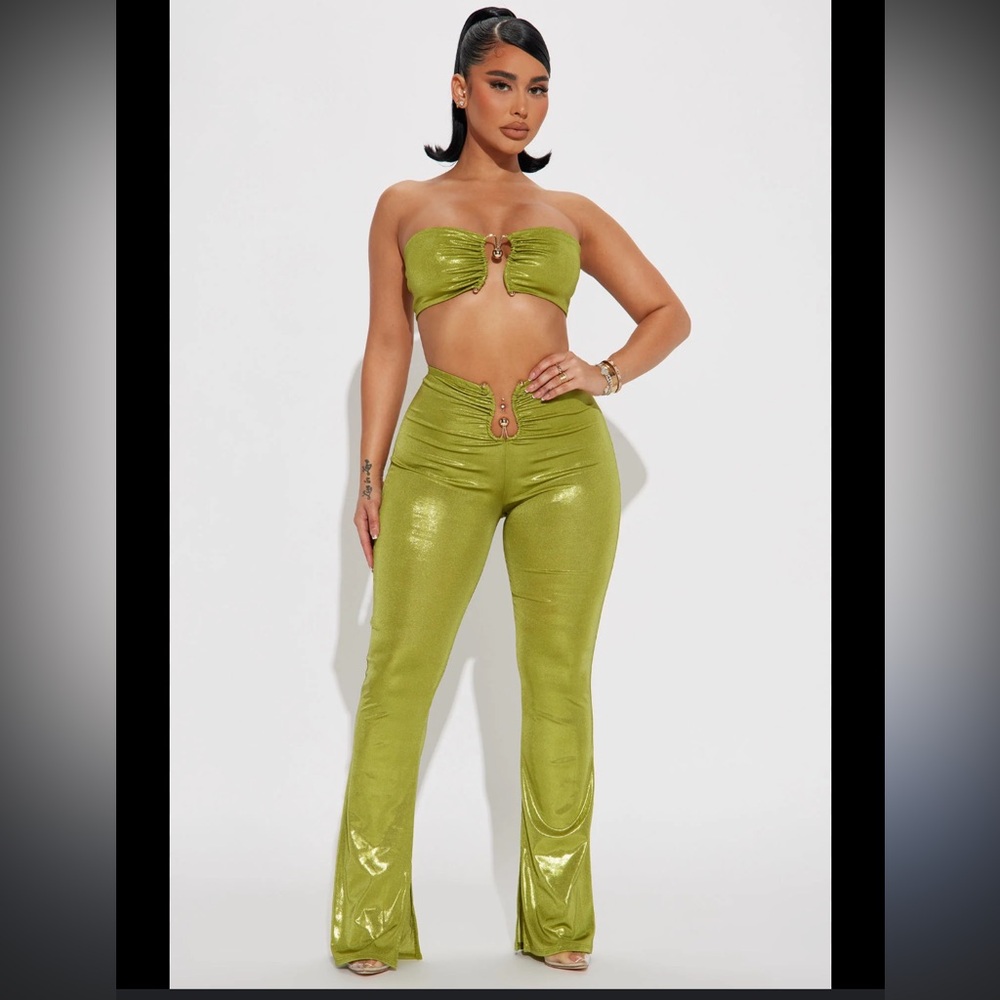 Fashion Nova Lime Green Flare Pants & Bandeau Set